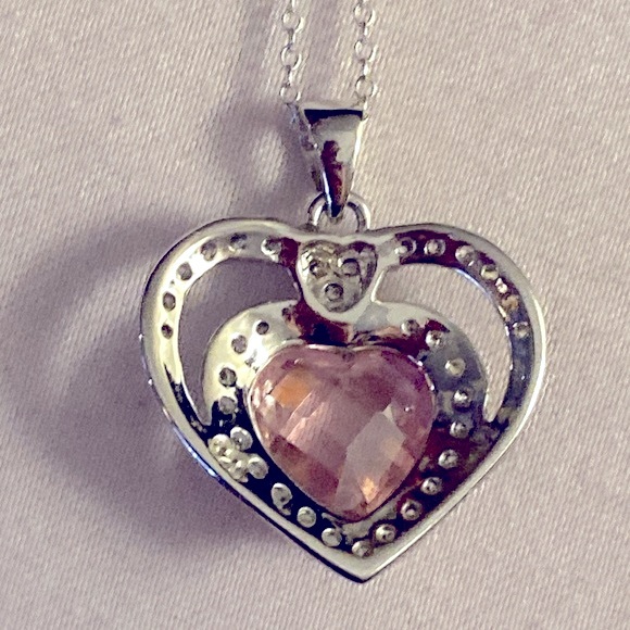 Double Heart 925 Silver Necklace & Pink Cubic Zirconia Heart Pendant - Picture 5 of 10